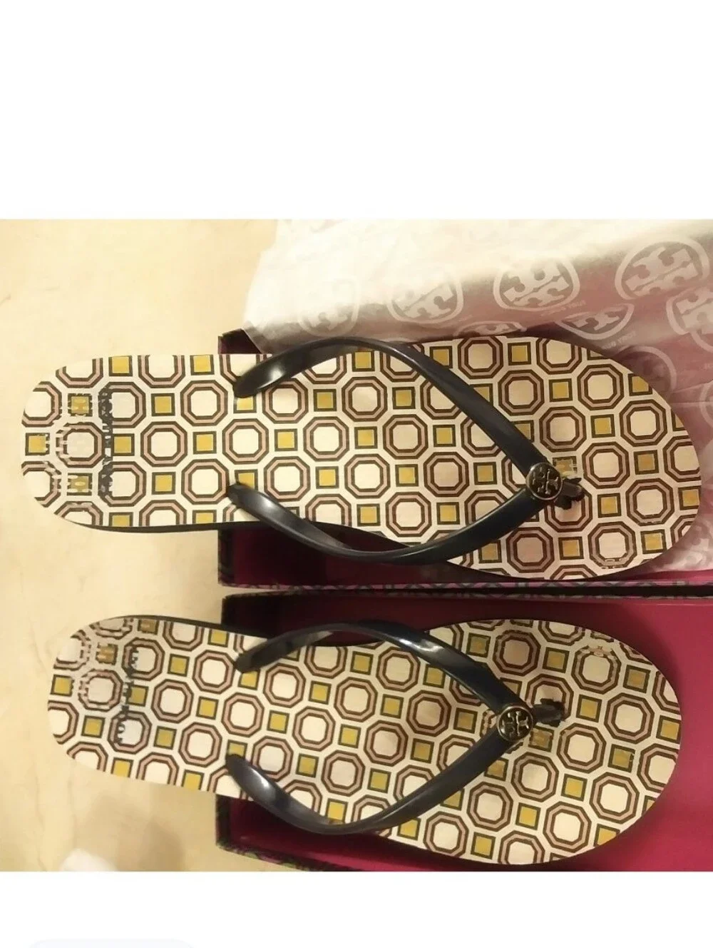 Tory Burch Blue Patent Logo Thong Sandals with Geometric Print Footbed